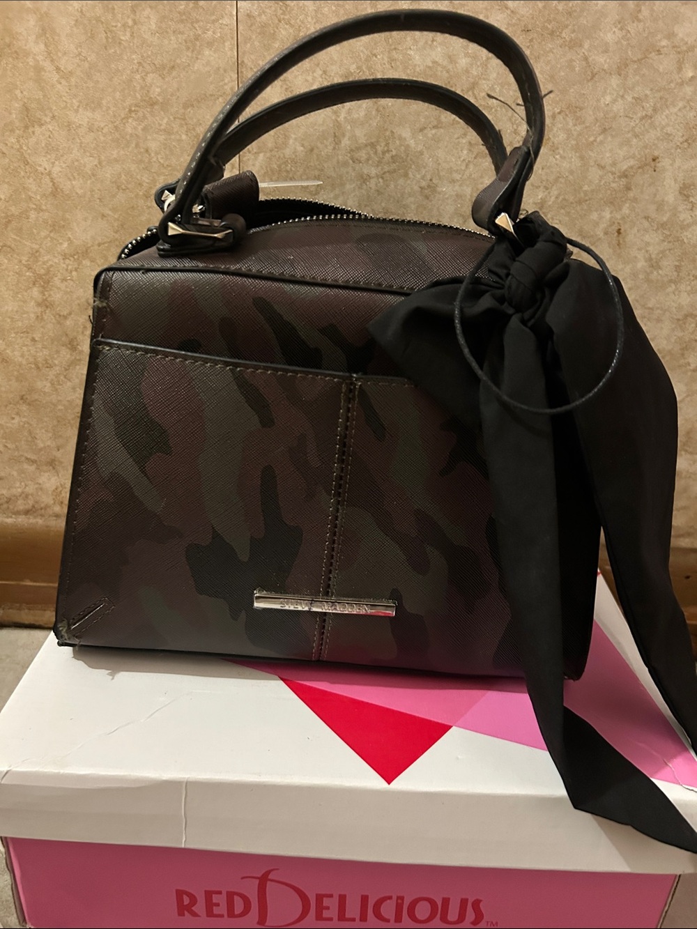 Steve Madden Camo Satchel with Black Scarf Accent